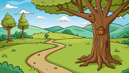 Fototapete - The end of a hike marked by a gnarled tree with a trail marker affixed to its trunk surrounded by a peaceful clearing and the distant sound of. Cartoon Vector.