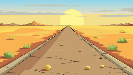 Poster - The dusty road stretched out for miles disappearing into the horizon. Along its edges sp patches of grass and shrubs dotted the otherwise barren. Cartoon Vector.
