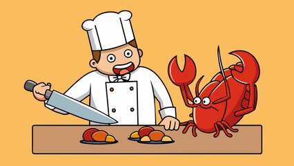 Poster - The fearless chef wielded a large butchers knife skillfully chopping and dicing the live lobster before quickly plunging it into boiling water ending. Cartoon Vector.