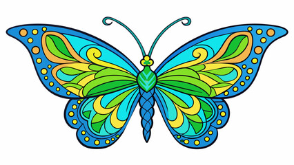 Aufkleber - The elegant butterfly danced through the air its wings painted with intricate patterns of bright blues greens and yellows a true masterpiece of. Cartoon Vector.
