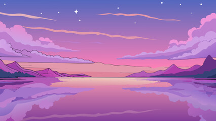 Poster - The early dawn sky was a deep shade of purple slowly morphing into a soft pink as the sun made its way above the horizon. The stillness of the lake. Cartoon Vector.
