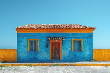 Wall Mural - A blue and yellow house with a red roof