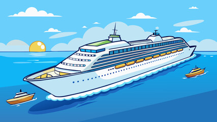 Poster - The enormous cruise ship glided across the ocean its sleek white exterior reflecting the bright sunlight and massive size dwarfing other boats in its. Cartoon Vector.