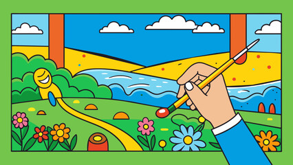 Poster - The final brushstroke on a massive canvas painting carefully p by an artists hand completes a vibrant meadow scene. The colorful strokes of green. Cartoon Vector.