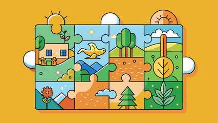 Poster - The final illustration depicts a finished puzzle with all the pieces fitting together perfectly. Each piece is vibrant and colorful depicting a serene. Cartoon Vector.