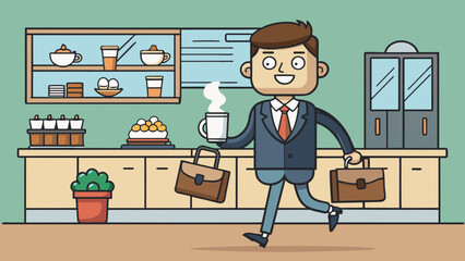 Poster - The fifth customer is a busy working professional dressed in a tailored suit and carrying a briefcase. He stops by a coffee shop on his way to work. Cartoon Vector.