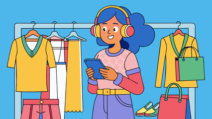 Poster - The fourth customer is a teenage girl with headphones around her neck and a shopping bag in her hand. Shes scrolling through her phone while browsing. Cartoon Vector.