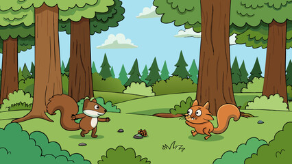 Poster - The forest was calm and peaceful its floor coated with a thick layer of soft pinescented moss and the only movement coming from a pair of squirrels. Cartoon Vector.