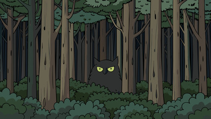Fototapete - The forest was thick and dense the darkness creeping through the trees and hiding any signs of life. The only sound was the rustling of leaves and the. Cartoon Vector.