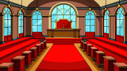 Poster - The floor of the court was covered in a deep red carpet adding to the sense of grandeur and professionalism. The walls were lined with large arched. Cartoon Vector.