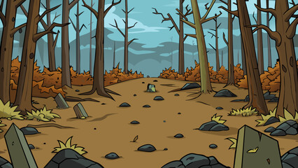 Fototapete - The forest floor was covered in dried leaves and twigs crunching under my feet as I walked. The trees towered above their gnarled branches reaching. Cartoon Vector.