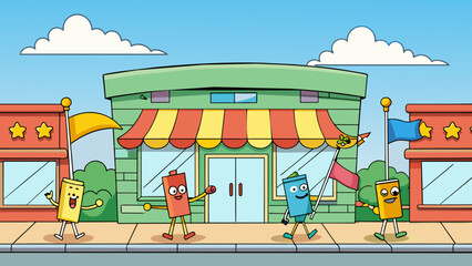 Poster - The flags outside the store stood at attention flapping furiously in the brisk wind.. Cartoon Vector.