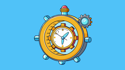 Fototapete - The fourth illustration features a small object made of glass and metal with intricate mechanisms and hands that move in a circular motion. Its value. Cartoon Vector.