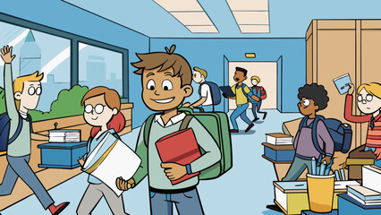 Poster - The fourth day was filled with buzzing energy as students rushed to and from their classes their backpacks overflowing with textbooks and notebooks.. Cartoon Vector.
