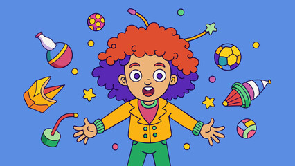 Poster - The fourth person is a bundle of energy with wild curly hair and a constant fidgety movement. They are always surrounded by colorful toys and trinkets. Cartoon Vector.