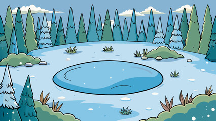 Poster - The frozen lake is a shimmering sheet of ice still and serene. The edges are lined with snowcovered bushes and the ice makes a satisfying crunching. Cartoon Vector.