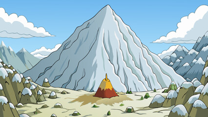 Poster - The Great Mountain loomed over the valley its peak covered in a blanket of glistening snow. Jagged rocks and boulders lined its sides creating a. Cartoon Vector.
