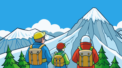 Poster - The hikers gaze was fixed towards the snowy mountaintops their jagged peaks rising high into the clear blue sky. She could feel the crisp chilly air. Cartoon Vector.