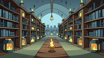 Poster - The Great Library was a vast maze of shelves each one stacked high with dusty tomes and ancient scrolls. The air was thick with the smell of paper and. Cartoon Vector.