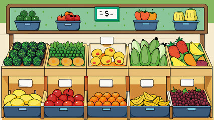 Poster - The grocery store has a section filled with various types of fruits and vegetables. Each item is labeled with their name and price and they are. Cartoon Vector.