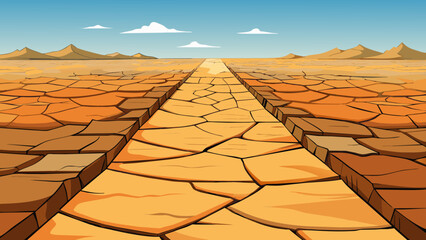 Poster - The ground is made up of cracked dry earth stretching out for miles. The dirt is reddishbrown and appears parched from lack of moisture. The cracks in. Cartoon Vector.