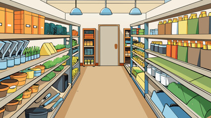 Poster - The hardware store has a section dedicated to gardening supplies. The aisle is lined with shelves containing different types of seeds gardening tools. Cartoon Vector.