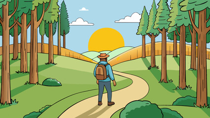 Wall Mural - The hiker gazed ahead at the winding path through the forest. Tall trees loomed on either side casting cool shadows as the sun peeked through the. Cartoon Vector.