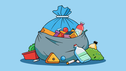 Poster - The heavy trash bag was full to the brim bursting at the seams with discarded paper plastic and food waste. Its weight made it a struggle to lift and. Cartoon Vector.