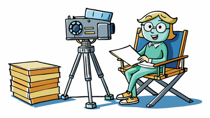 Poster - The heavy directors chair creaked under the directors weight as she leaned forward to give instructions to the camera crew. Her worn notebook was. Cartoon Vector.