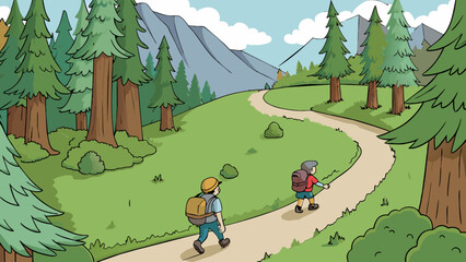 Poster - The hikers made their way down a narrow winding trail that led through a low valley. Towering trees and dense underbrush surrounded them making the. Cartoon Vector.