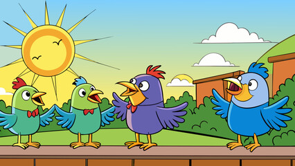 Poster - The highpitched chirping of birds in the early morning signaling the start of a new day and filling the air with vibrancy and energy.. Cartoon Vector.