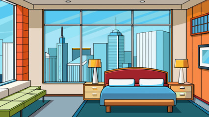 Aufkleber - The hotel room had a sleek and modern design with large windows providing stunning views of the city skyline.. Cartoon Vector.