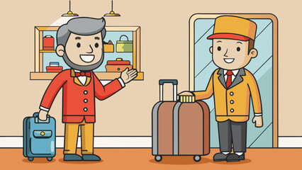 Poster - The hotel concierge greets you with a warm smile and offers to assist with your bags. As you check in they provide helpful recommendations for local. Cartoon Vector.