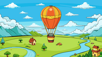 Aufkleber - The hot air balloon hovered high above the earth offering a breathtaking view of the picturesque landscape below.. Cartoon Vector.