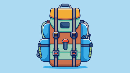 Poster -  The hiking backpack is designed for comfort and functionality. It features padded shoulder ss for distributing weight evenly and reducing strain.. Cartoon Vector.
