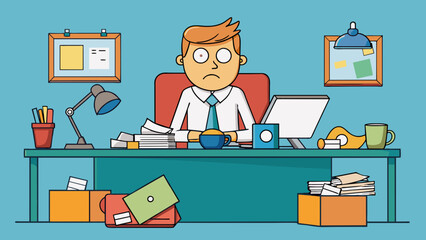 Poster - The husbands messy desk was a reflection of his busy mind tered with papers pens and his favorite mug. Though disorganized he always knew exactly. Cartoon Vector.