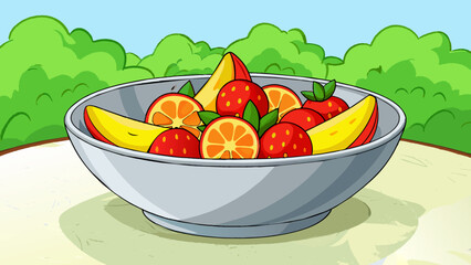 Poster - The image is a closeup of a bowl filled with colorful fruit. There are red strawberries orange slices and yellow bananas arranged in a neat pattern.. Cartoon Vector.