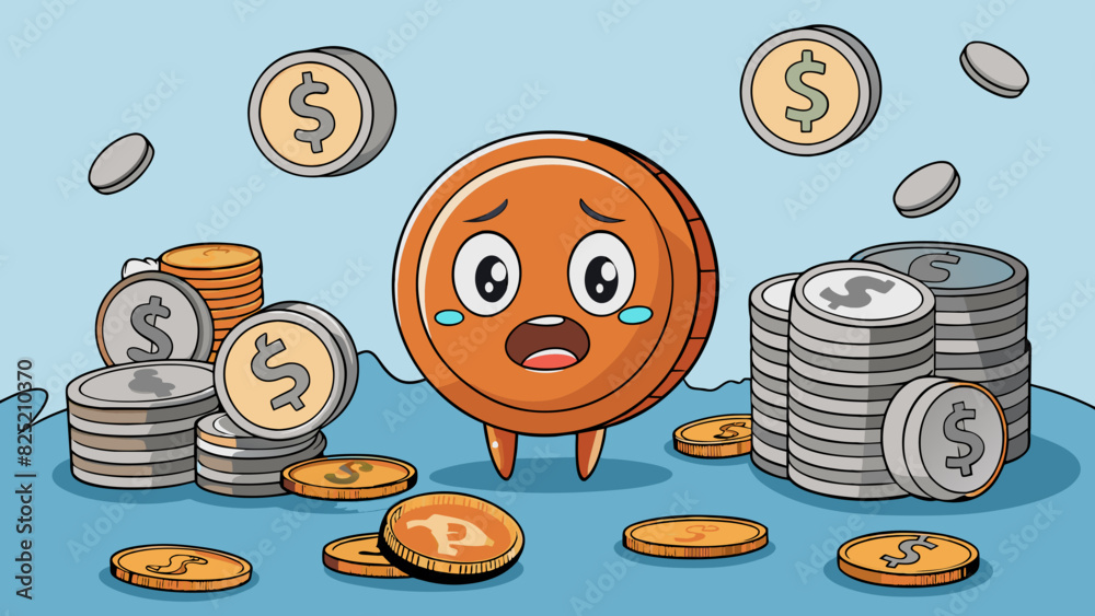 The least valuable coin in the collection was a tarnished and scratched copper penny tossed carelessly in with a mix of shiny silver coins and foreign. Cartoon Vector.