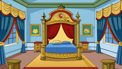 Sticker - The kings chambers were filled with luxurious furnishings from the plush silk curtains to the gilded fourposter bed. A large tapestry depicting the. Cartoon Vector.