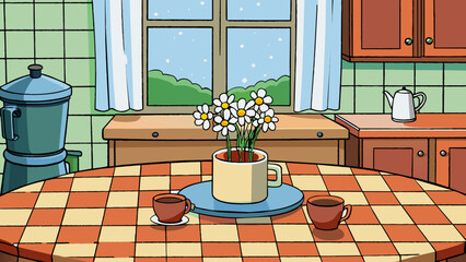 Sticker - The kitchen was filled with the aroma of freshly brewed coffee bringing a sense of warmth and comfort to the early hours. The worn wooden table. Cartoon Vector.