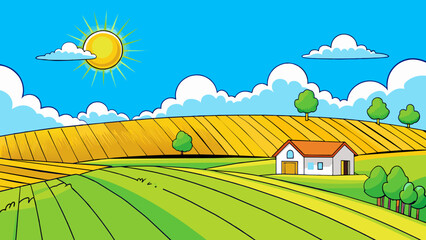 Poster - The landscape was dominated by a vast general expanse of rolling hills and fields. A lone farmhouse stood on the horizon surrounded by acres of crops. Cartoon Vector.