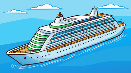 Poster - The large cruise ship glided through the turquoise waters its white exterior and multiple decks making it a luxurious floating hotel for its. Cartoon Vector.