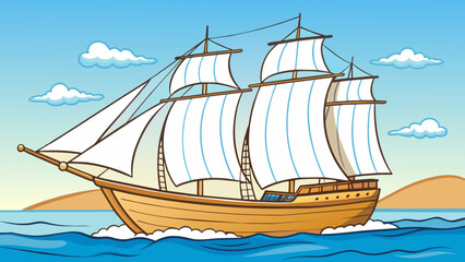 Poster - The large sailboat leaned towards the shore its crisp white sails billowed by the gentle breeze. The smooth polished wood of its hull glistened in the. Cartoon Vector.