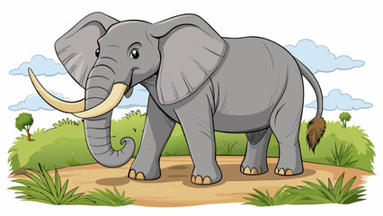Poster - The large elephant lumbered through the savanna its grey skin and long curved tusks making it a formidable creature in its natural habitat.. Cartoon Vector.