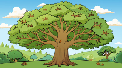 Poster - The large oak tree towered over the rest of the forest its thick trunk and sprawling branches providing shade and shelter for a variety of animals.. Cartoon Vector.
