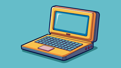Poster - The least expensive laptop This laptop has a basic design with a small screen and a thick body. It has a plastic casing and no fancy features with. Cartoon Vector.