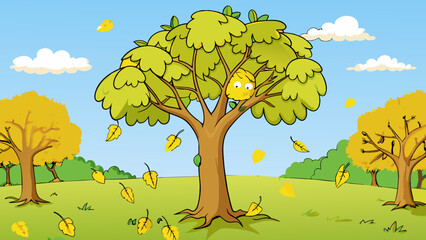 Fototapete - The leaves on the tree tend to wilt during the hot summer months hanging limply from the branches and creating a canopy of brown and yellow.. Cartoon Vector.