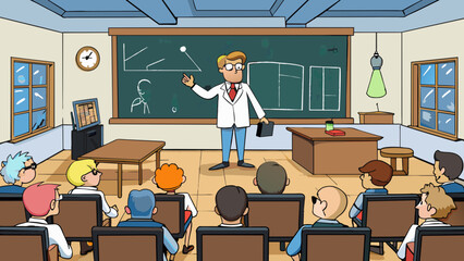Poster - The lecture hall is a cavernous room its walls adorned with posters and diagrams that relate to the subject being taught. The rows of wooden desks and. Cartoon Vector.