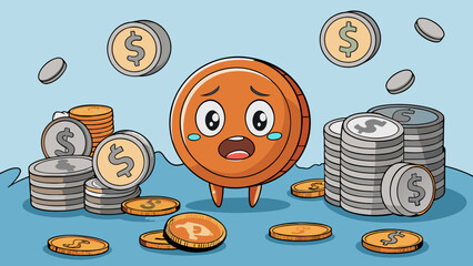 Poster - The least valuable coin in the collection was a tarnished and scratched copper penny tossed carelessly in with a mix of shiny silver coins and foreign. Cartoon Vector.