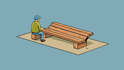 Poster - The least crowded bench This wooden bench has only one person sitting on it leaving plenty of space on both sides. The wood is worn out with time and. Cartoon Vector.